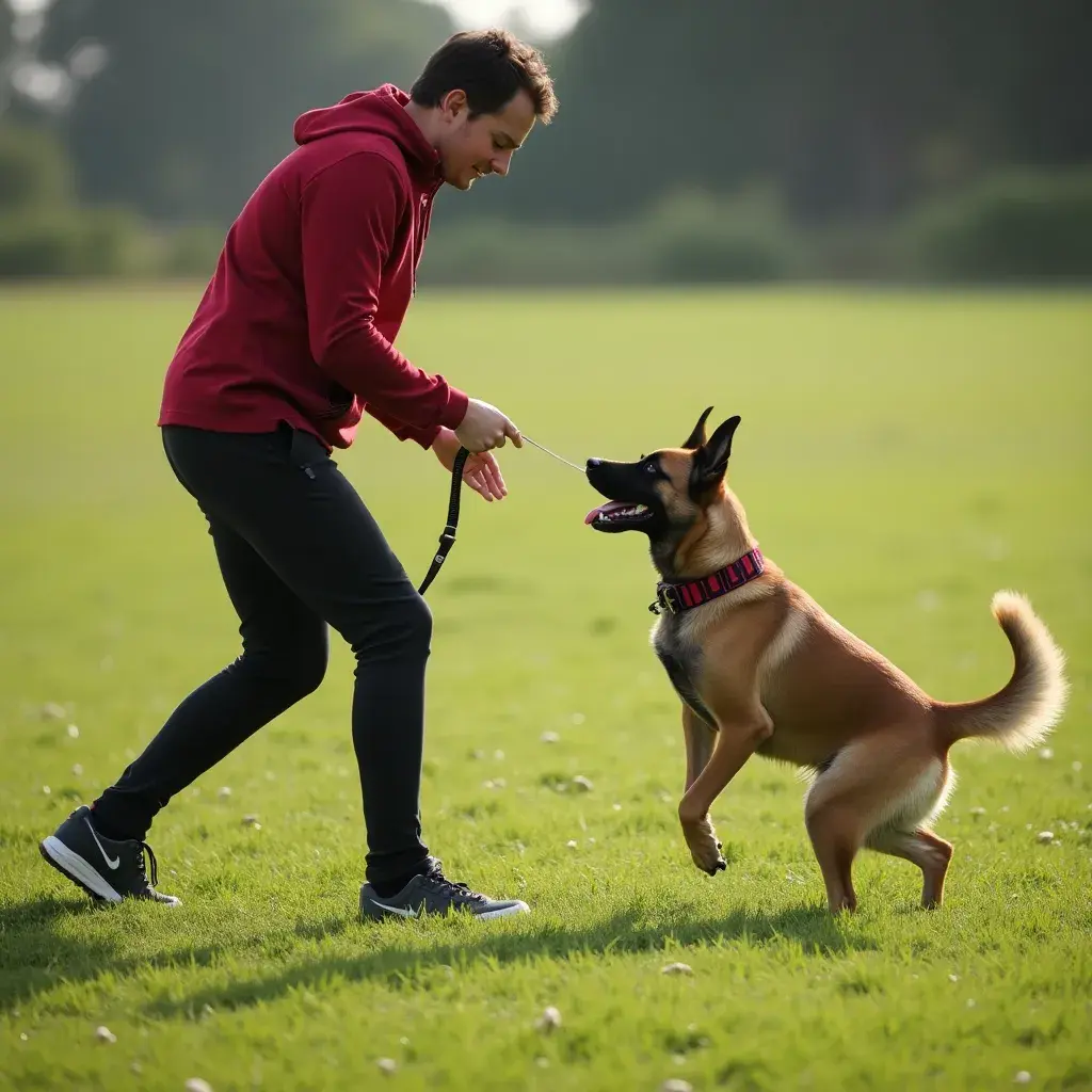 A happy dog sitting next to a professional trainer during a board and train dog training session, showcasing positive reinforcement techniques